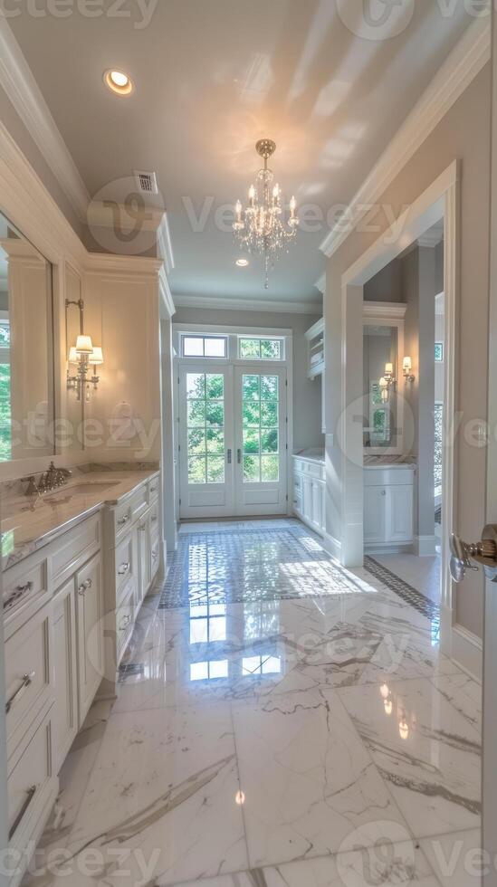A large bathroom with marble floors and white cabinets photo