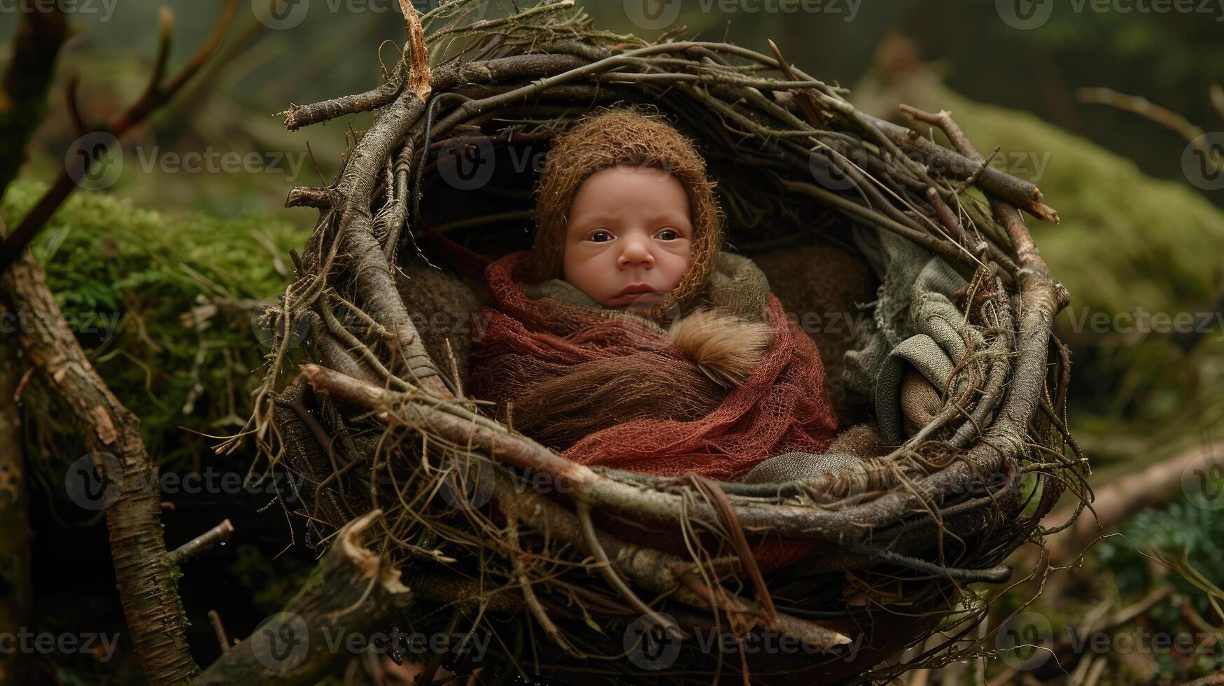 A baby in a nest in the woods photo