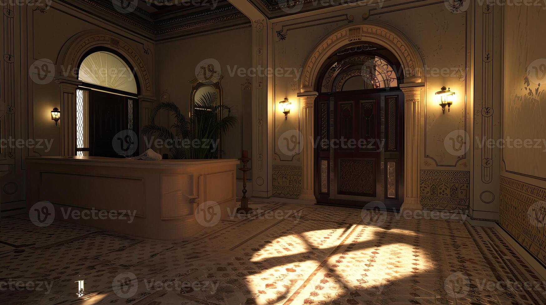 A room with a large mirror and a large door photo