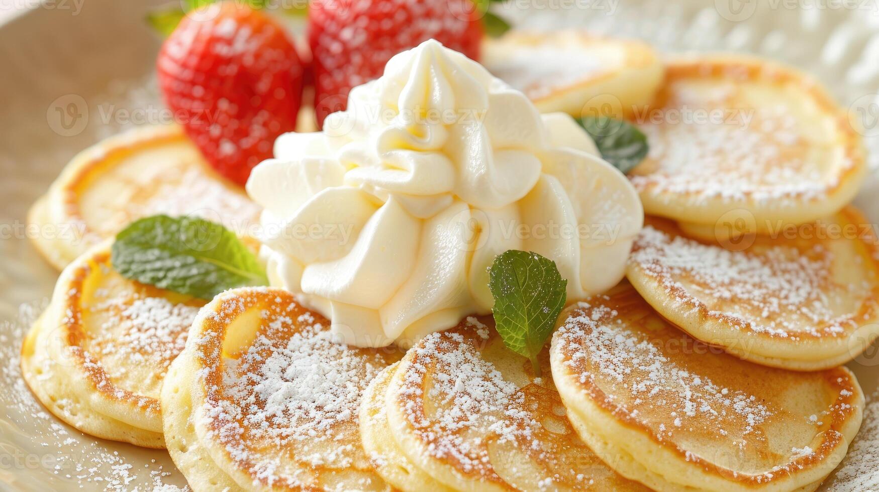 A plate topped with pancakes and whipped cream photo