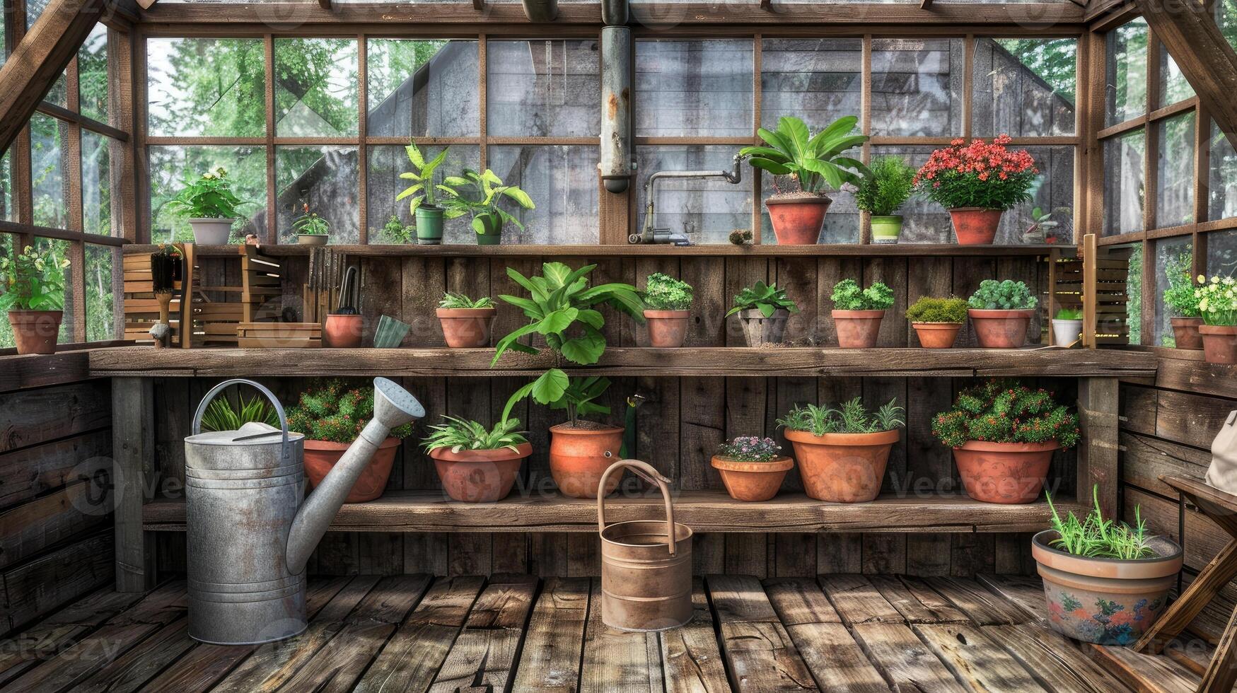 A greenhouse with potted plants and watering can photo
