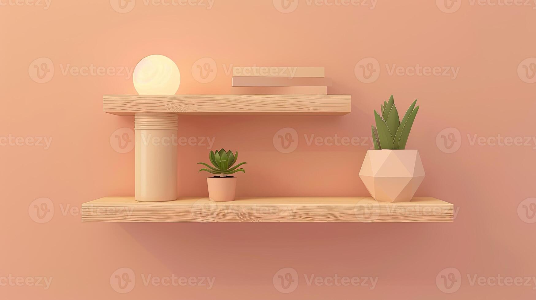 3d render of a shelf with a plant and lamp photo