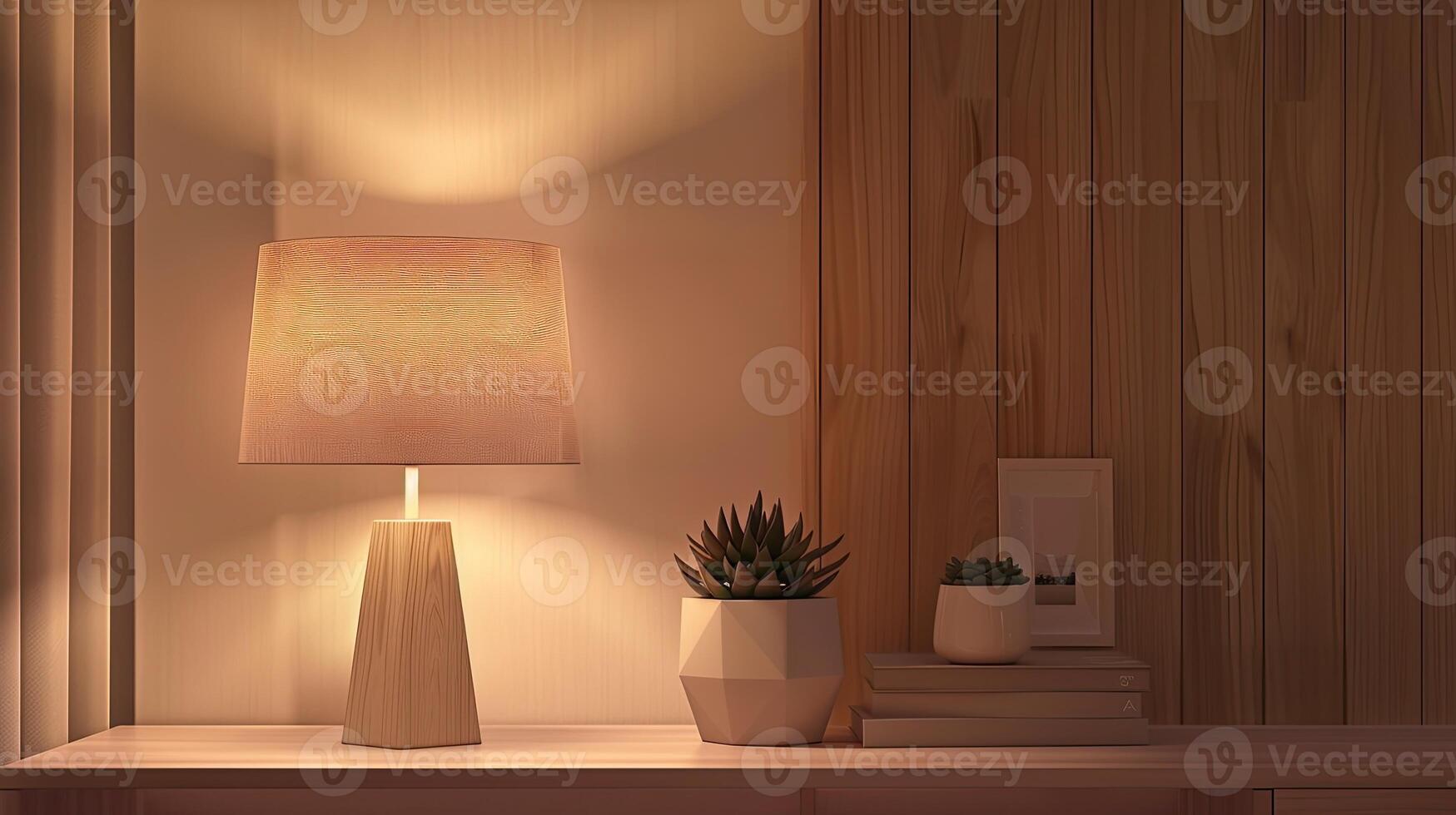 A lamp on a table next to a plant photo