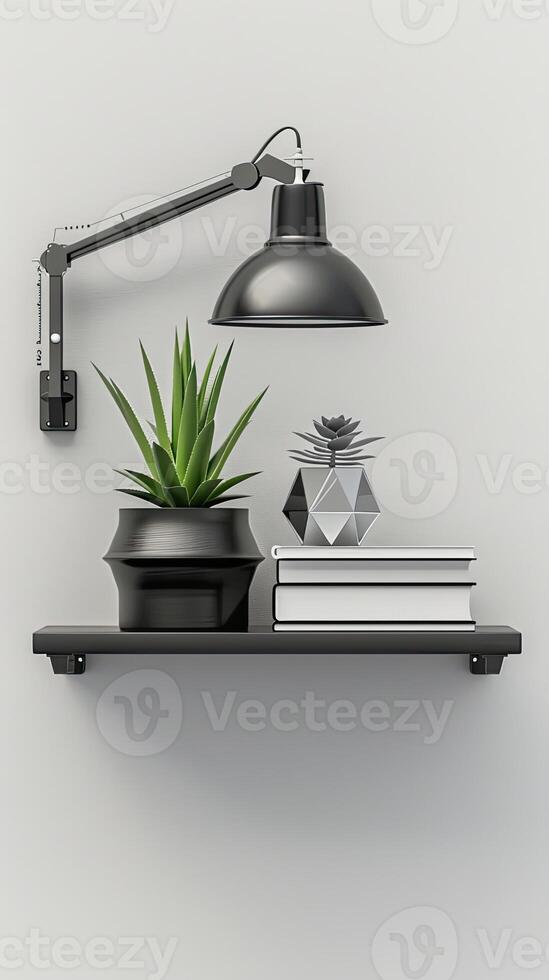 A black shelf with a lamp and books on it photo