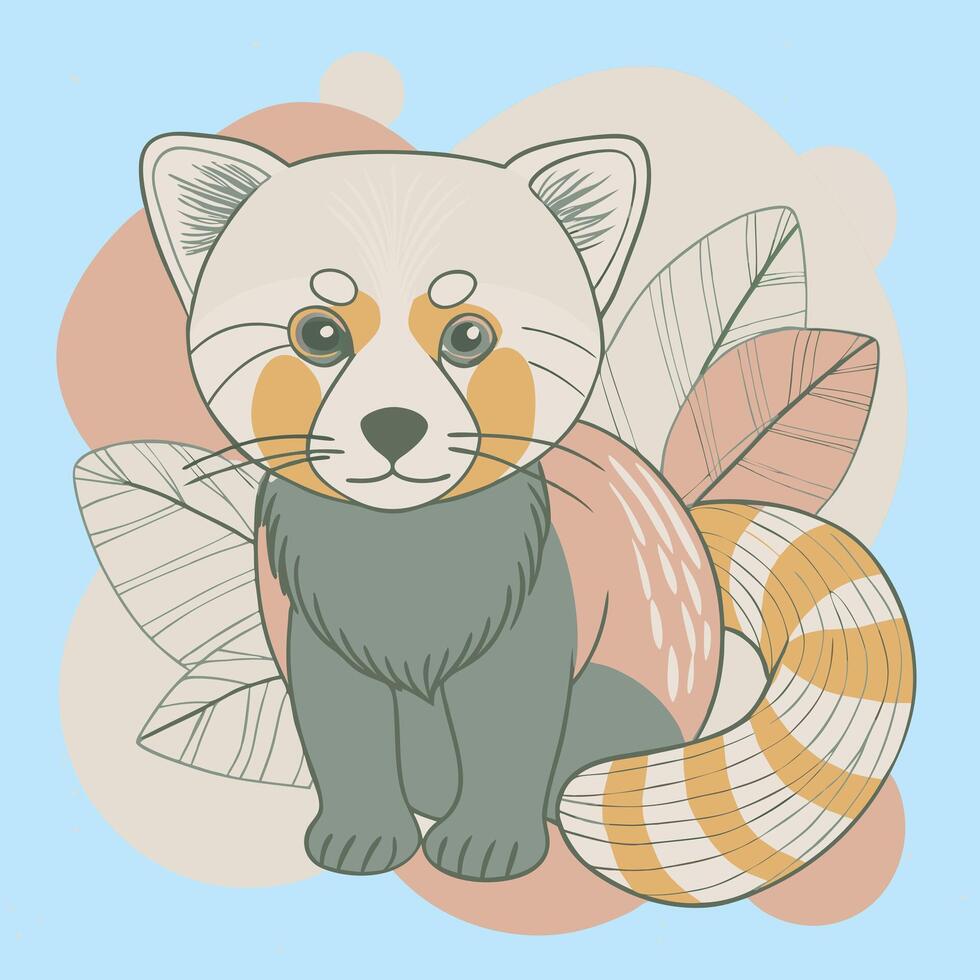A cartoon red panda with leaves and flowers vector
