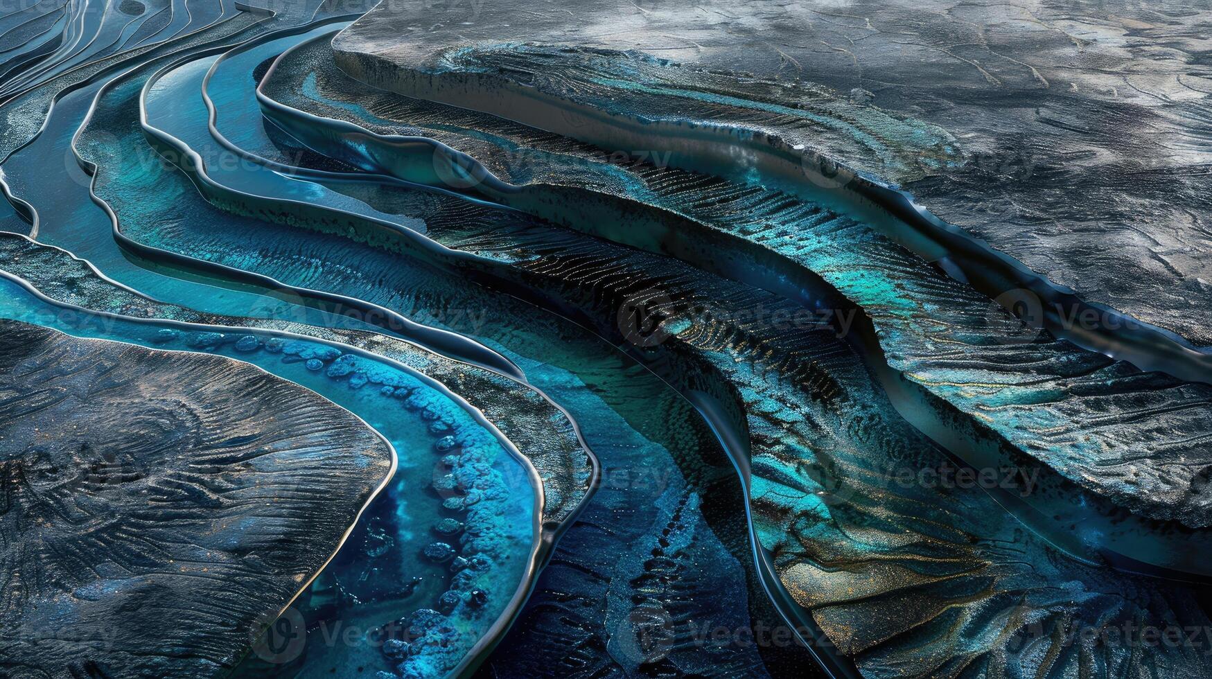 A blue river flowing through a mountain range photo