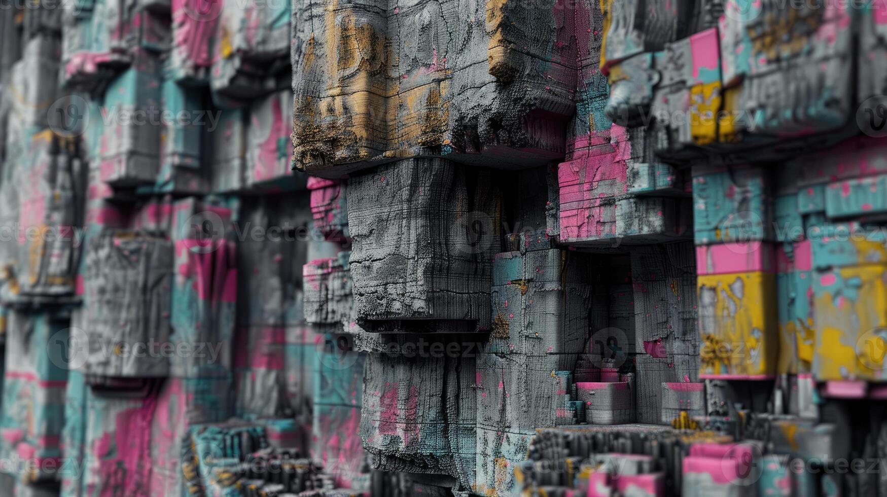 A wall made of colorful bricks with graffiti on it photo
