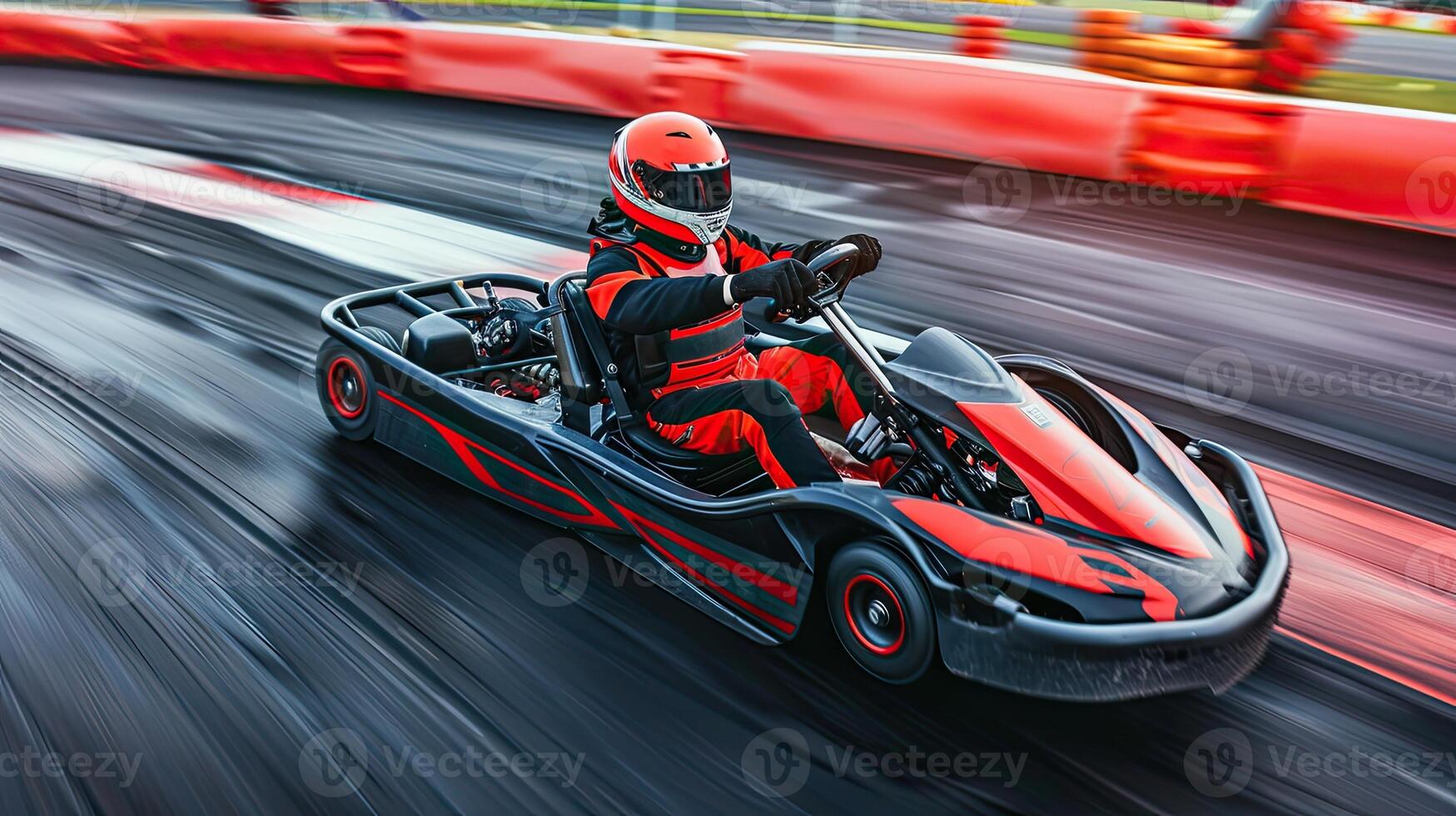 A man in a red and black racing suit is driving a go kart photo