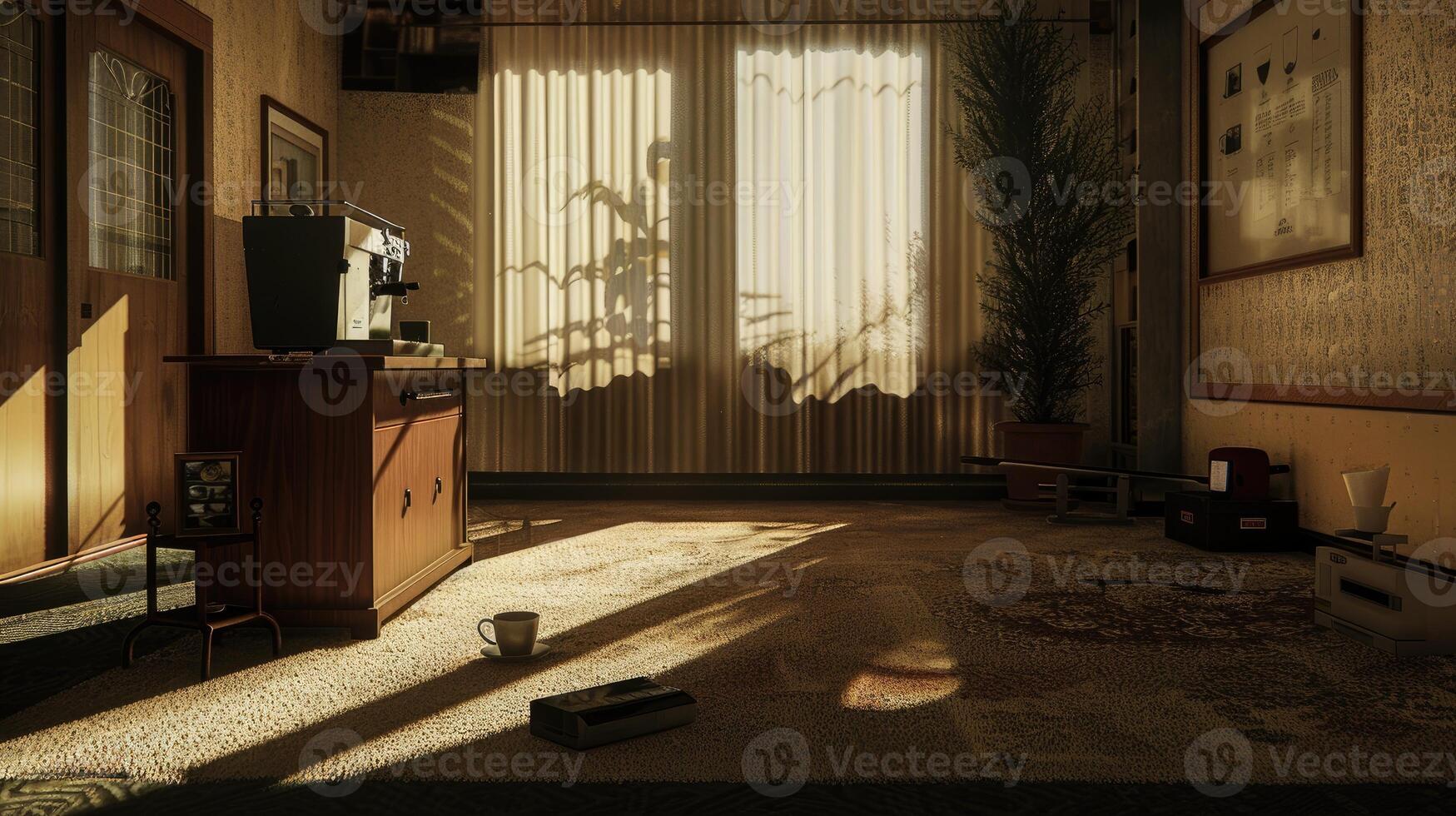 A room with a couch, a table and a window photo