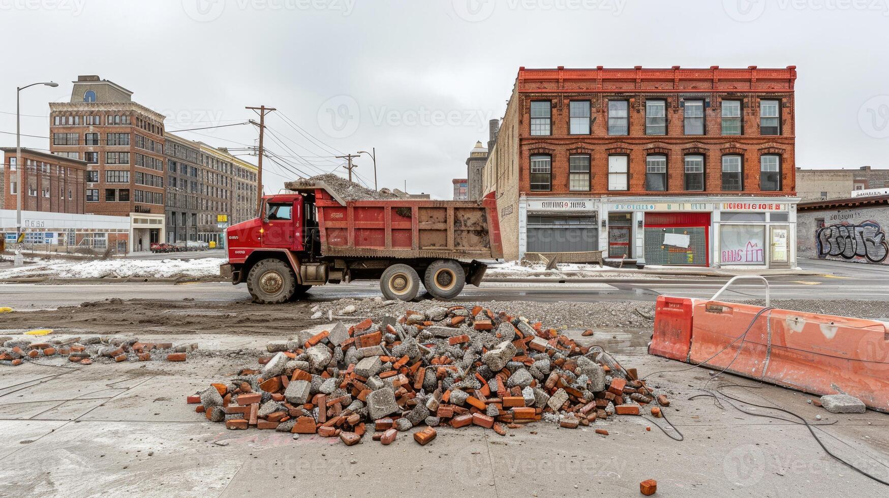A dump truck is parked in front of a pile of bricks photo