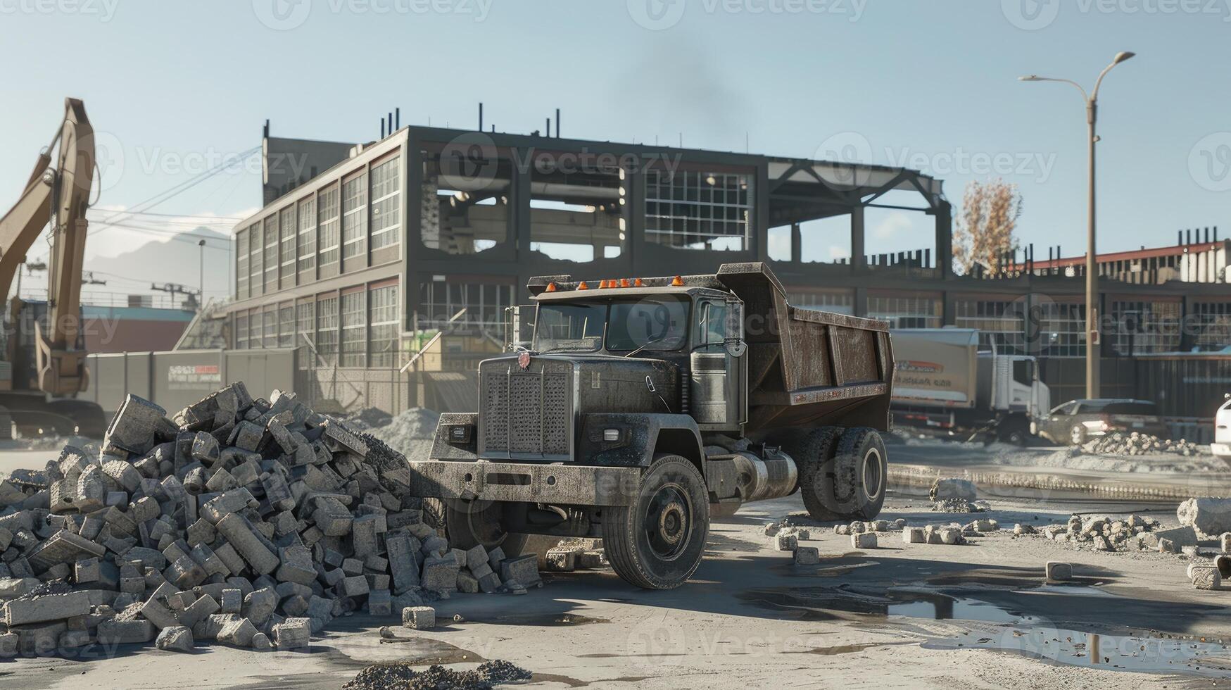 A dump truck is driving through a construction site photo