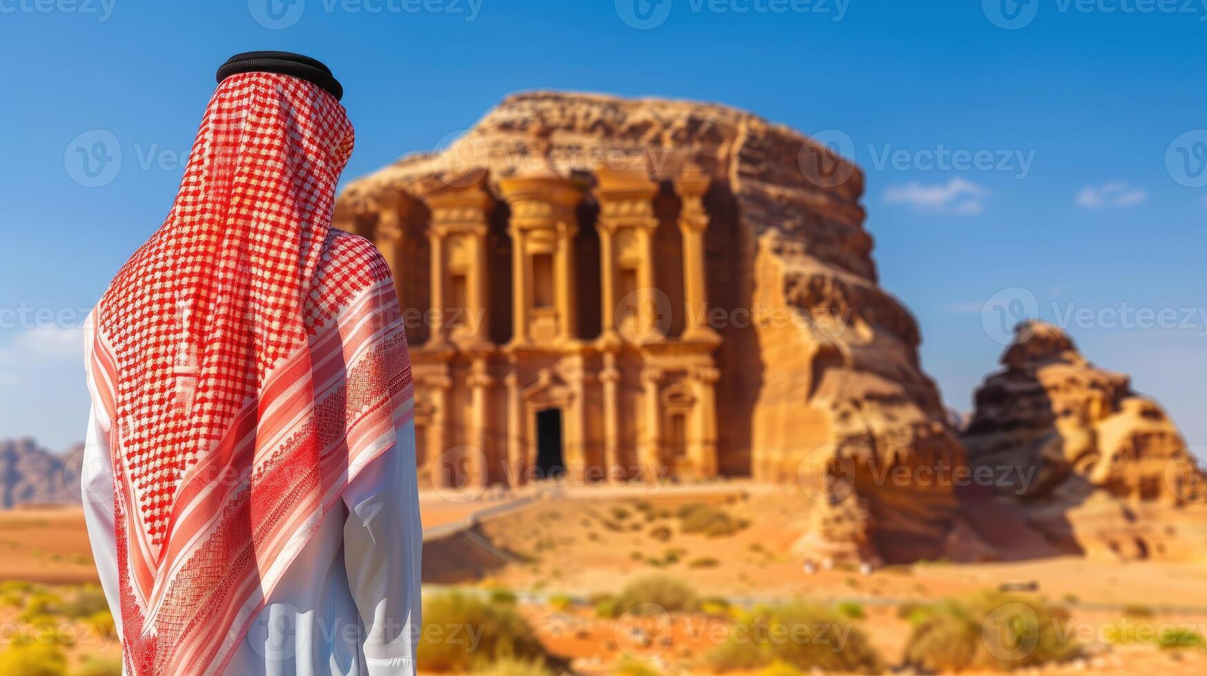 Arab man in traditional dress in front of the ancient city of petra, jordan photo