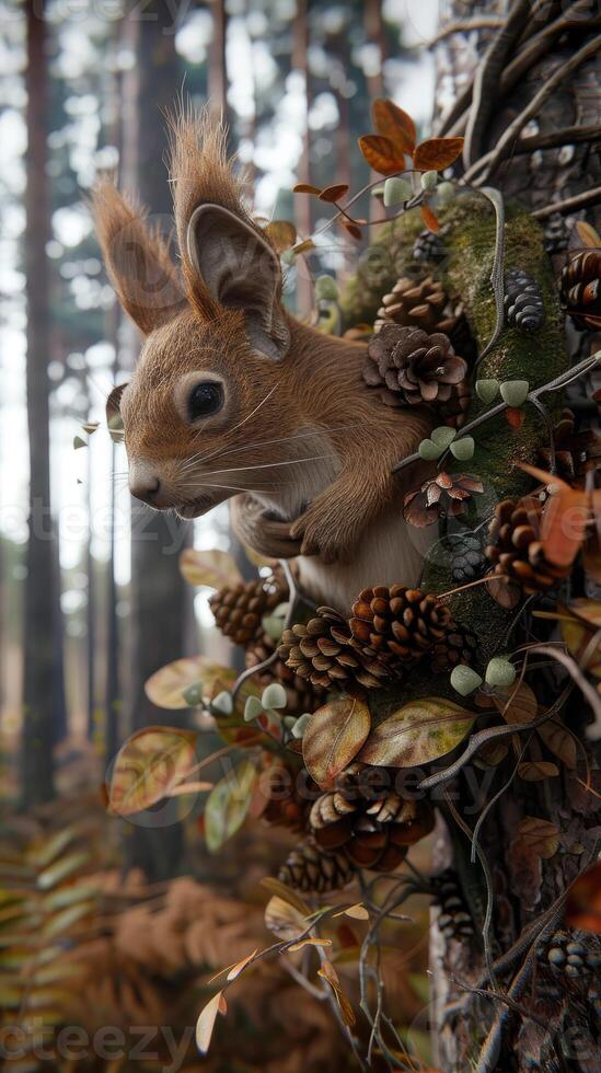 A squirrel is sitting in a tree with pine cones photo