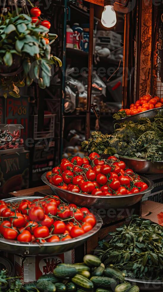 A man is standing in front of a market with a bunch of vegetables photo