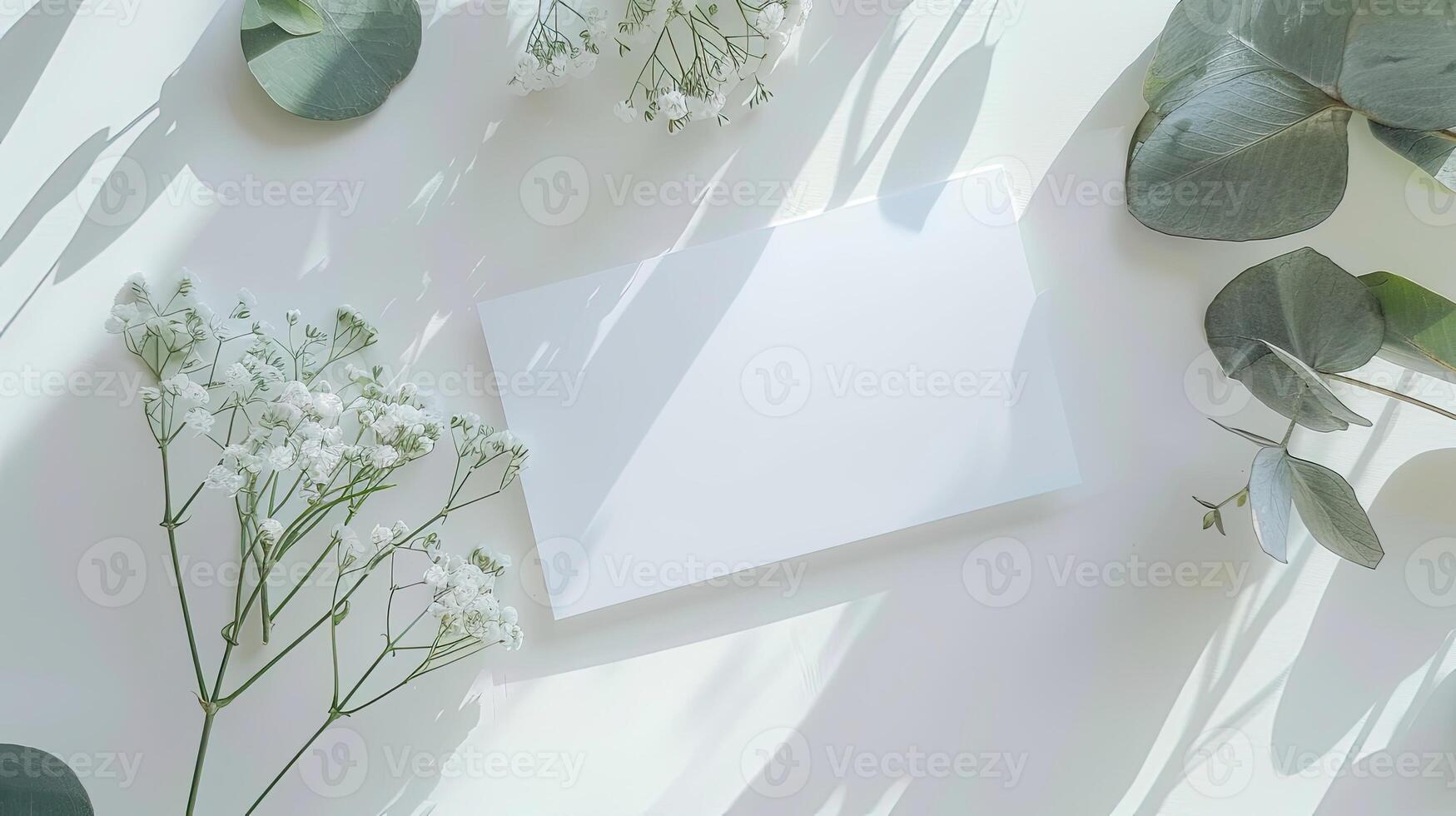 White paper with eucalyptus leaves on a white surface photo