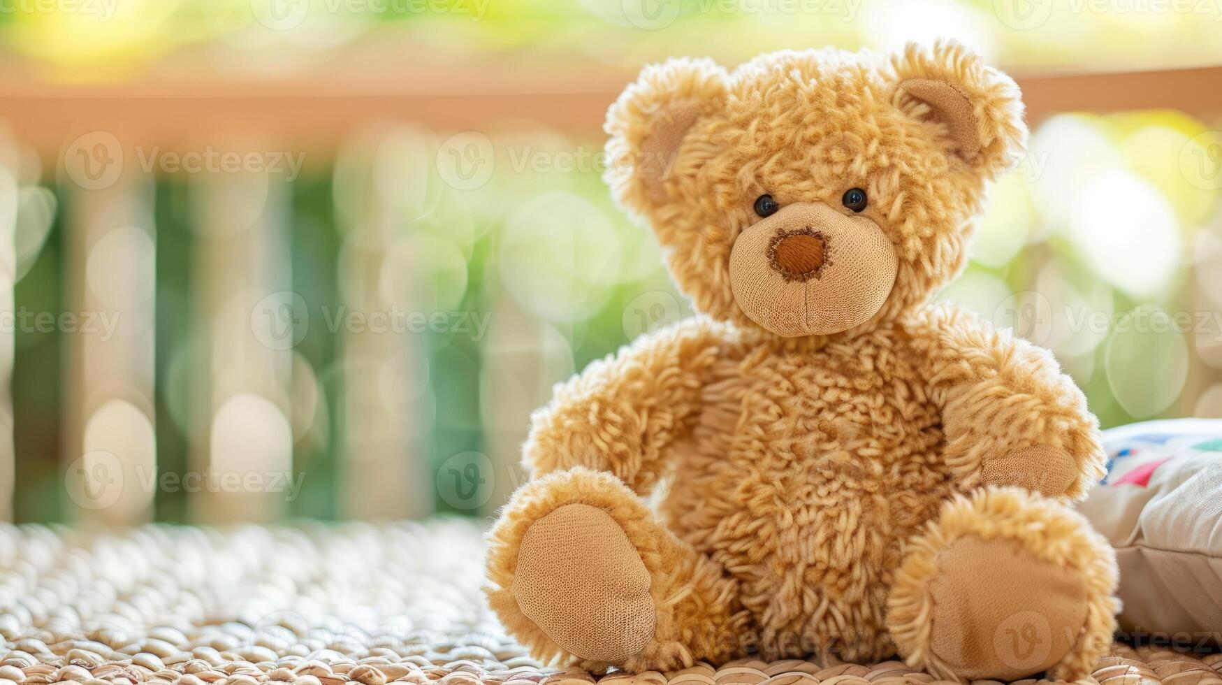 A teddy bear sits on a bed with a pillow photo