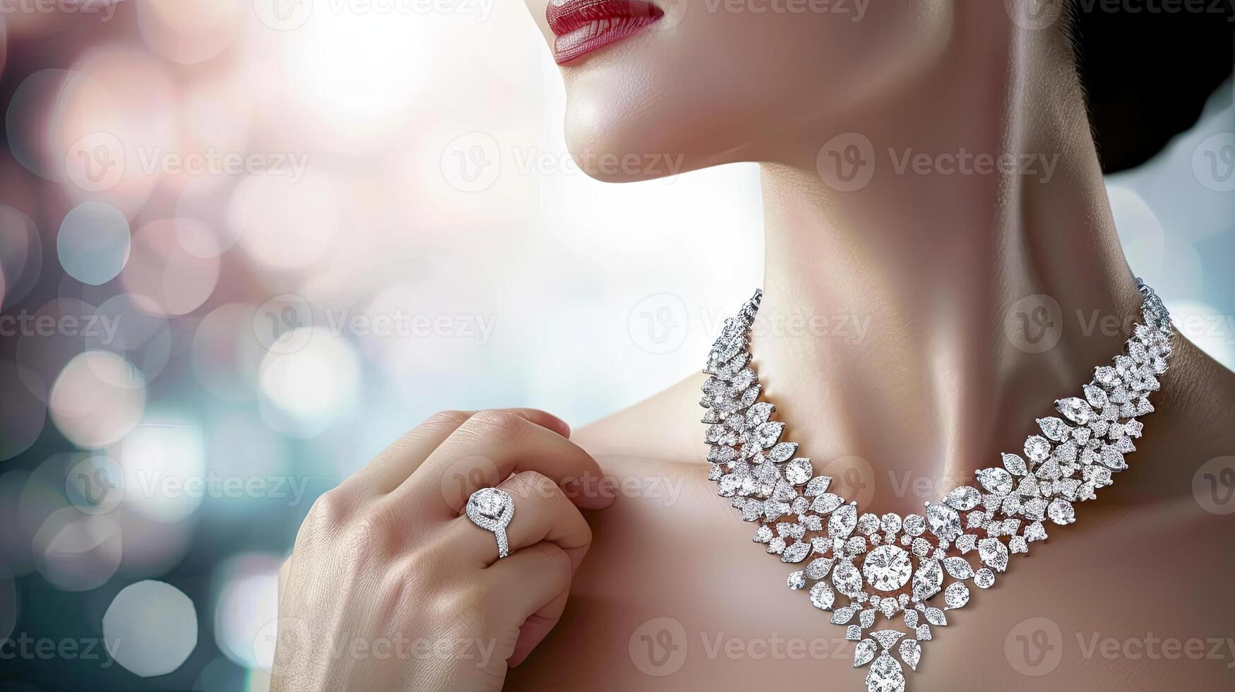A woman wearing a diamond necklace and ring photo