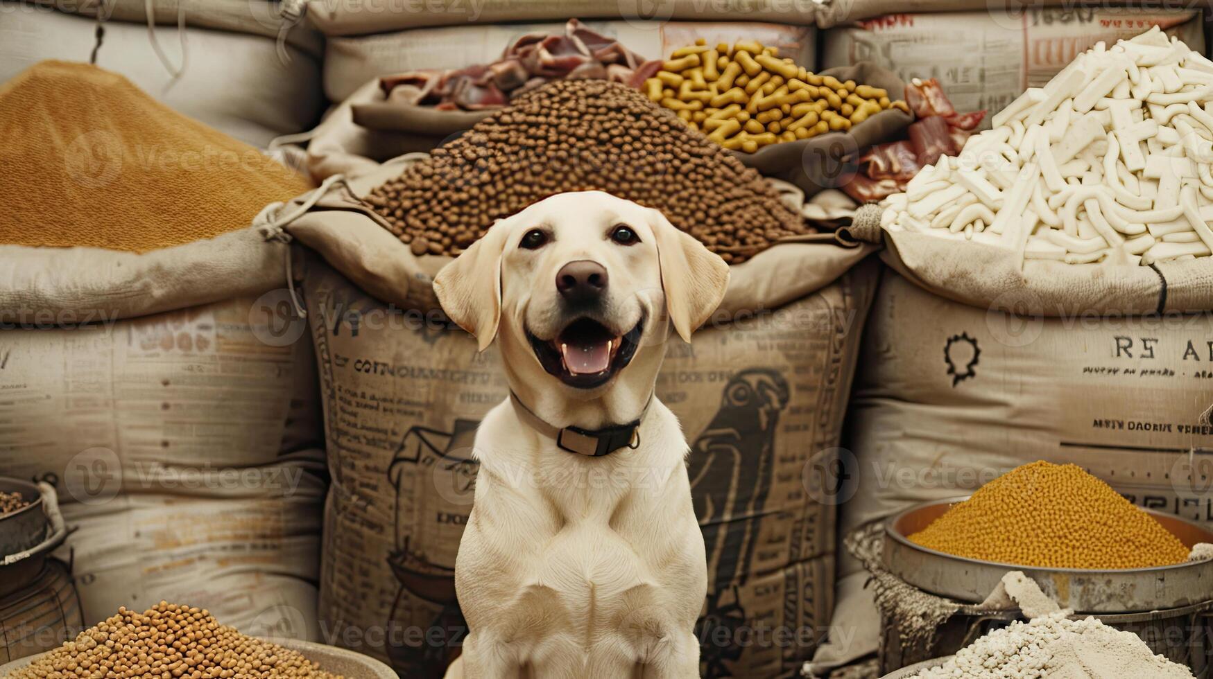 A dog sitting in front of bags of food photo