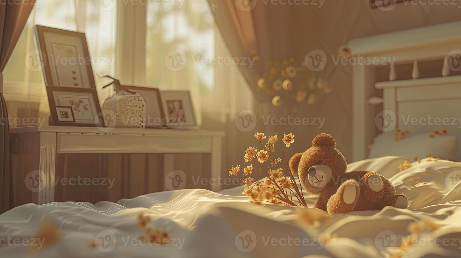 A teddy bear sits on a bed with flowers photo