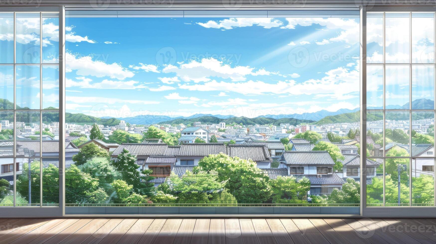 An anime window view of a city with trees and mountains photo