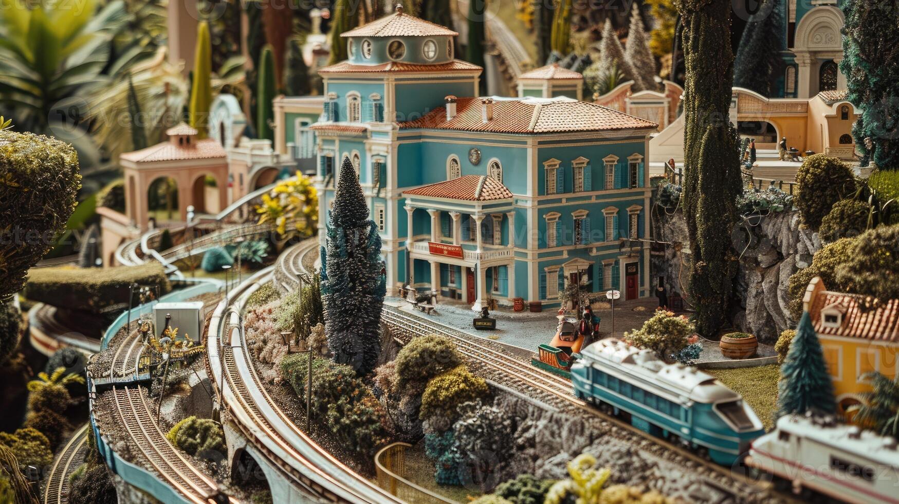 A miniature model of a train and a house photo