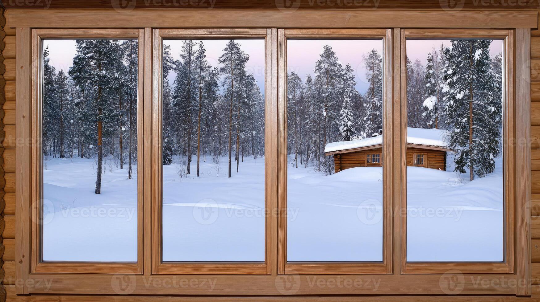 A window with a view of a snowy forest photo