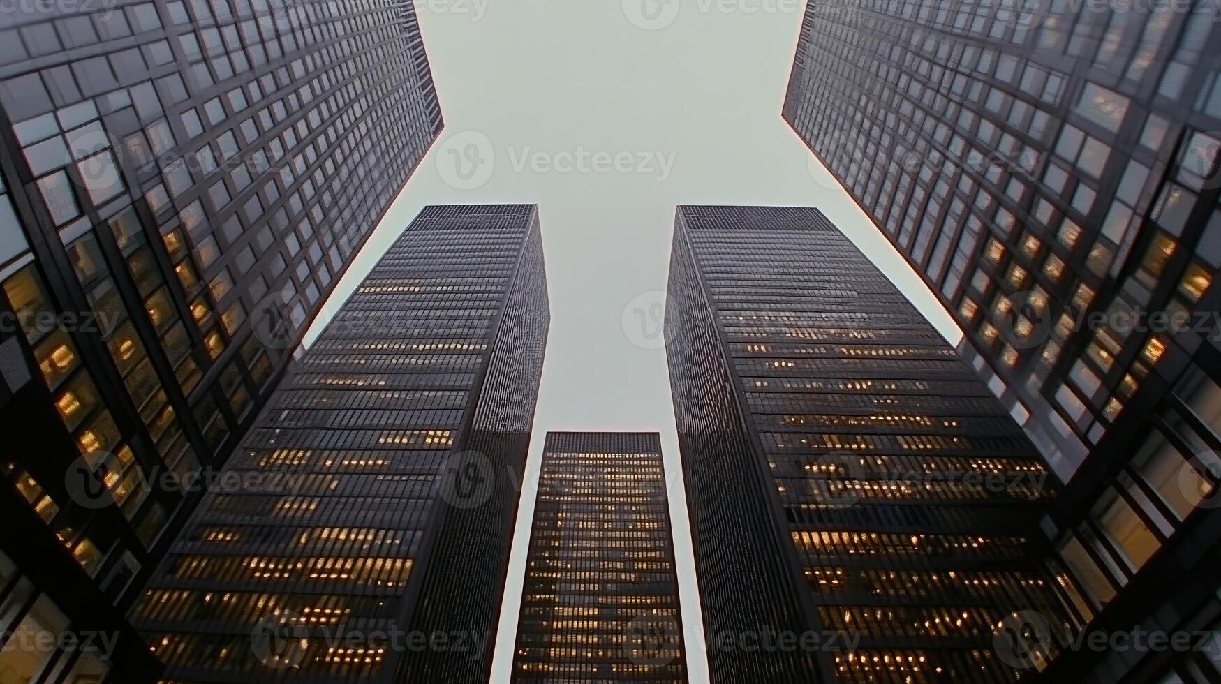 Two tall buildings are seen from below photo