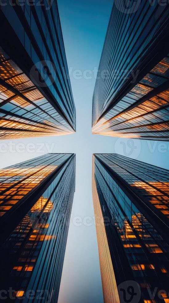 Two tall buildings with windows facing each other photo