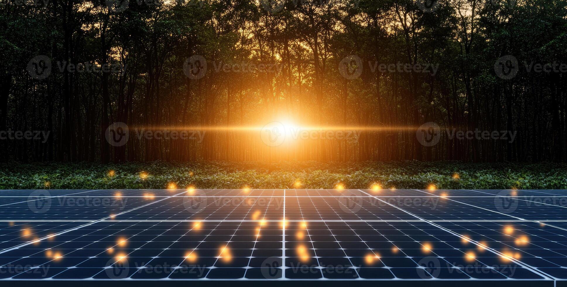 Solar panels in the forest with the sun shining photo