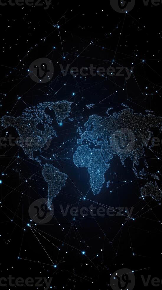 World map with network lines and dots on dark background photo