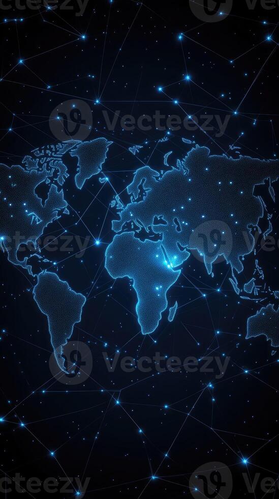 World map with network lines and dots on dark background photo