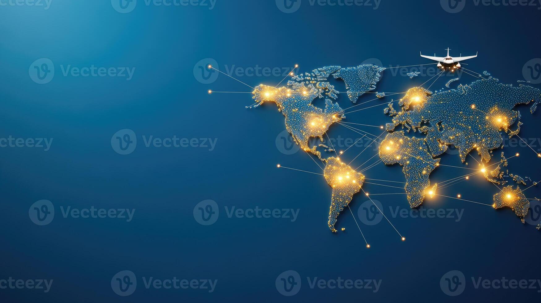 Airplane flying over the world map with connected network photo