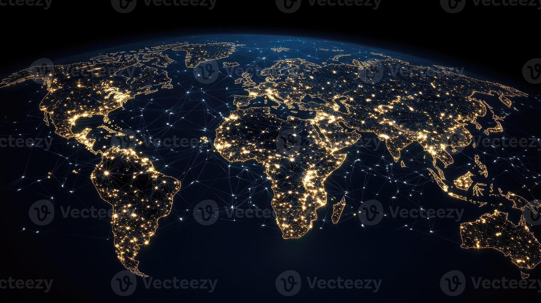World map with network lines and lights on it, 3d rendering of the earth at night photo