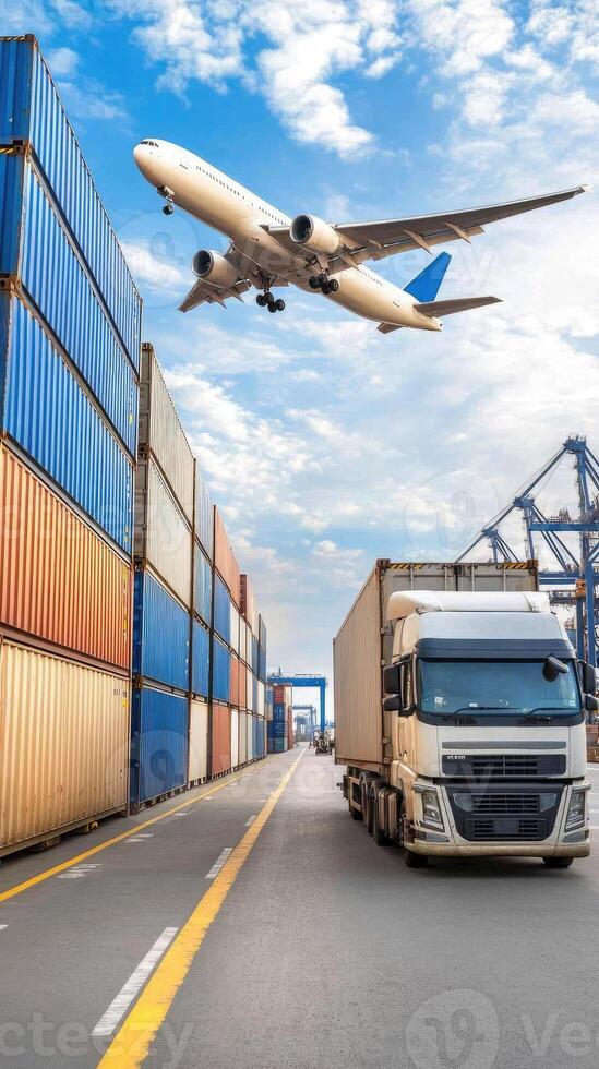 A plane flying over a container truck photo