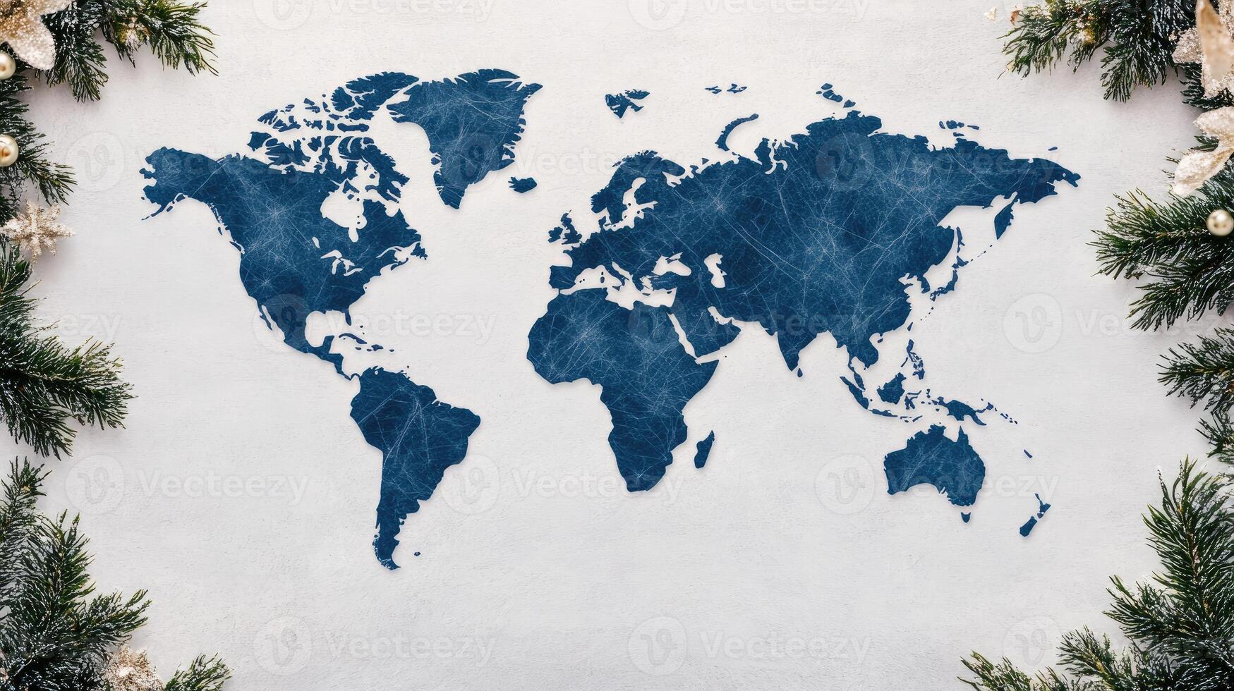 World map on white background with christmas tree branches photo