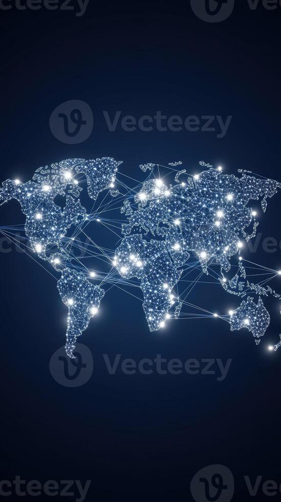 World map with connected lines and dots on dark background photo