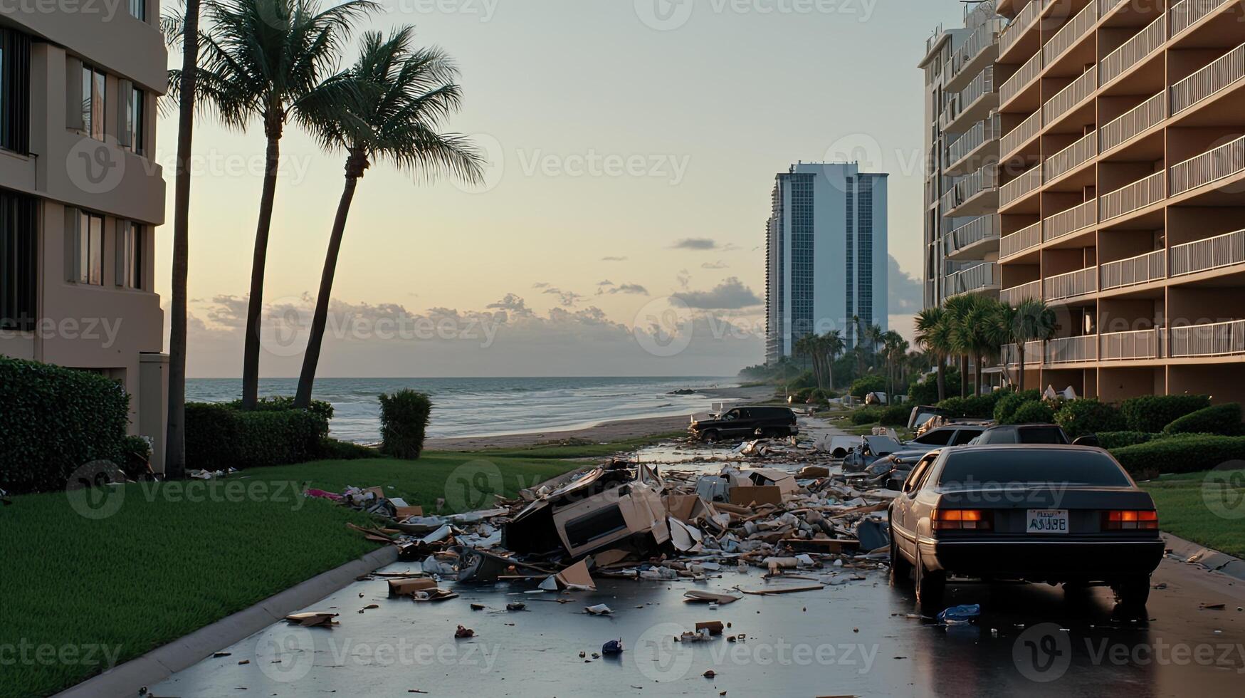 A car driving down a street with debris on the road photo