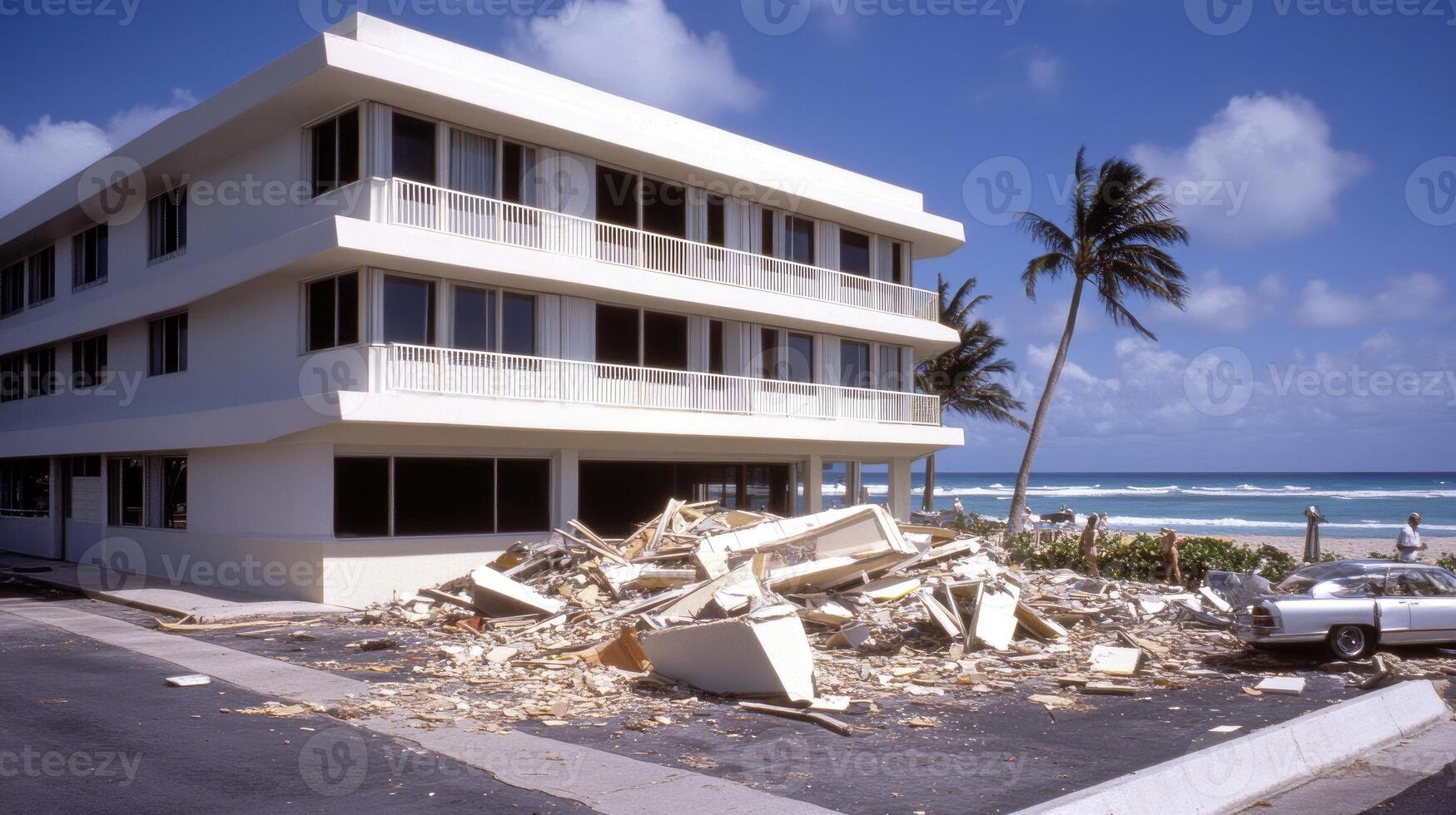 A building with debris on the street and a car parked in front photo