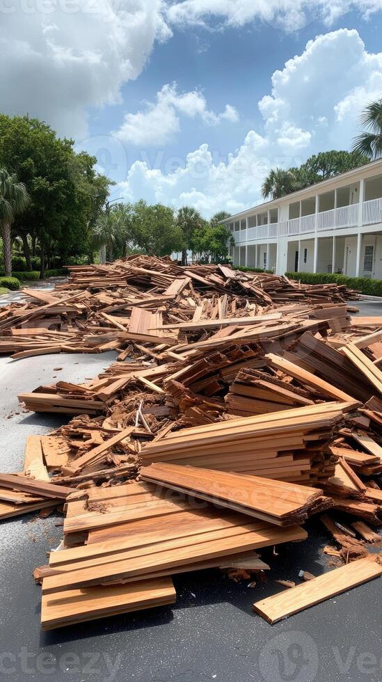 A pile of wood is sitting in the middle of a parking lot photo