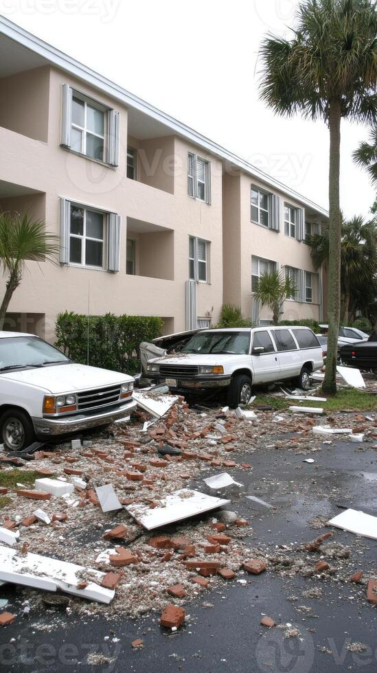 A car is sitting in the rubble of a building photo