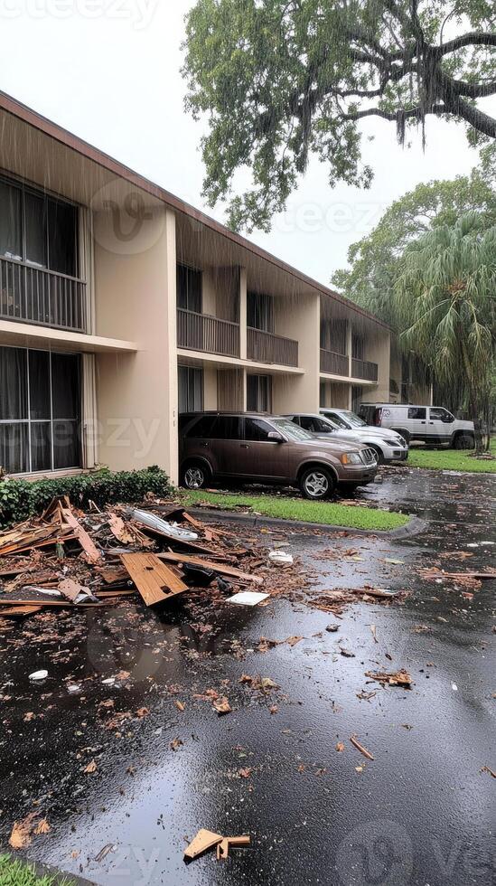 A car is parked in front of a building that has been damaged by the storm photo