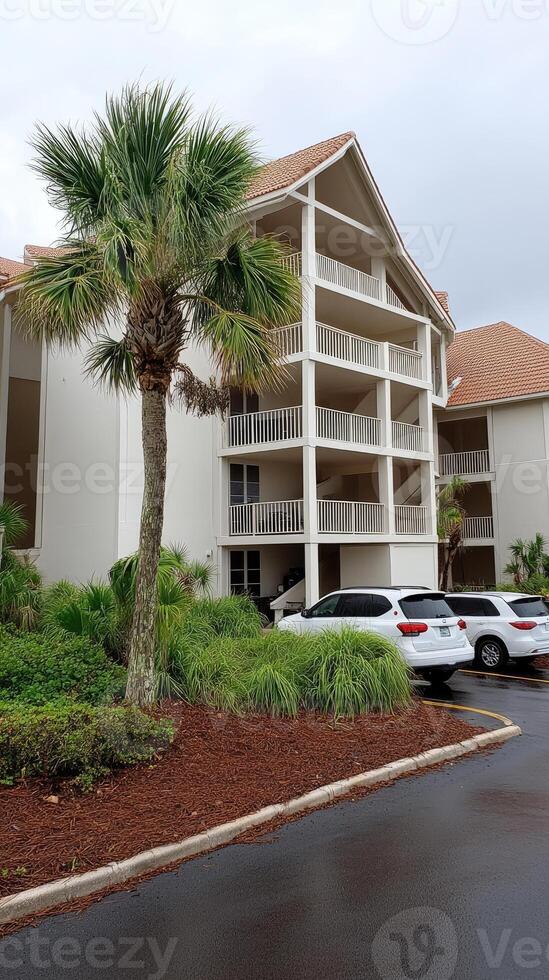 A large apartment complex with a palm tree in front photo