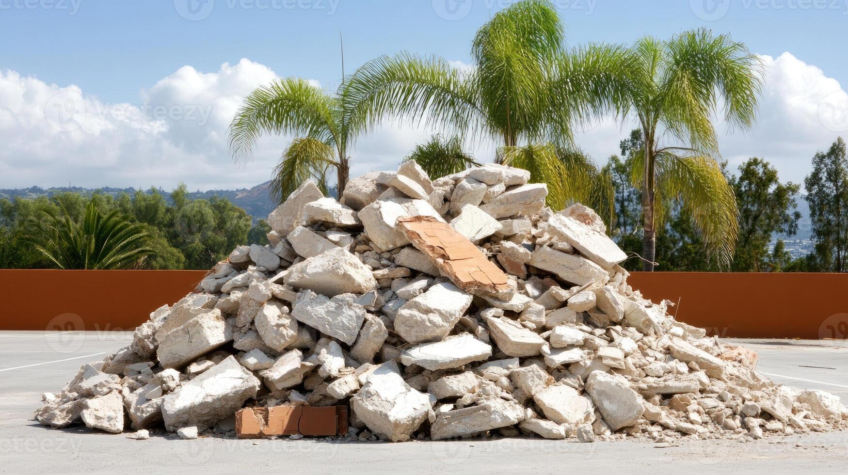 A pile of rubble sitting in front of a palm tree photo