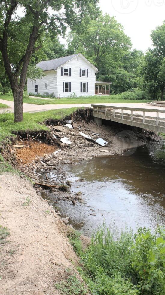 A bridge that is underwater and has a house on the other side photo