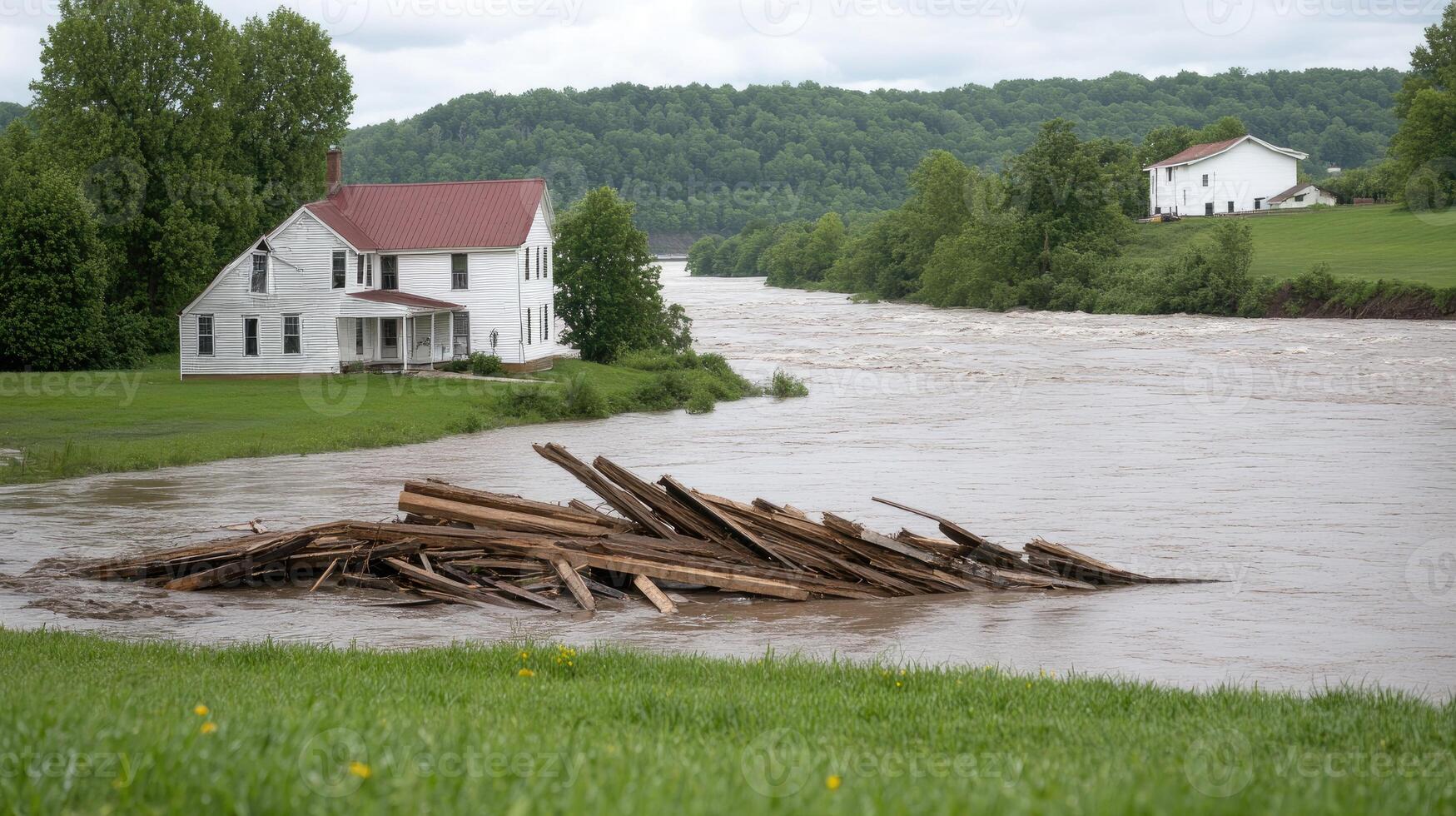 A house sits on top of a pile of logs in a river photo