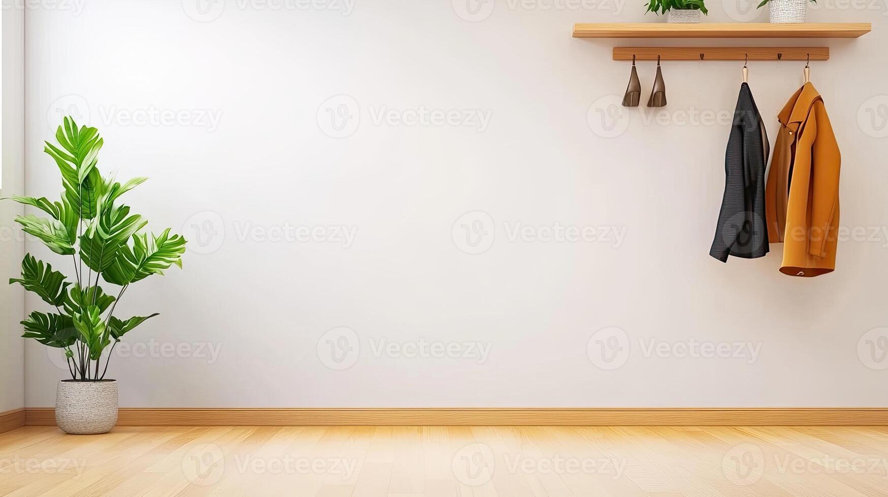 An empty room with a coat rack and a plant photo