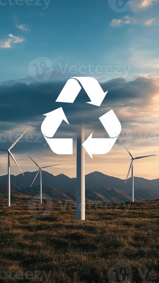 Wind turbines in the background with a recycling symbol photo