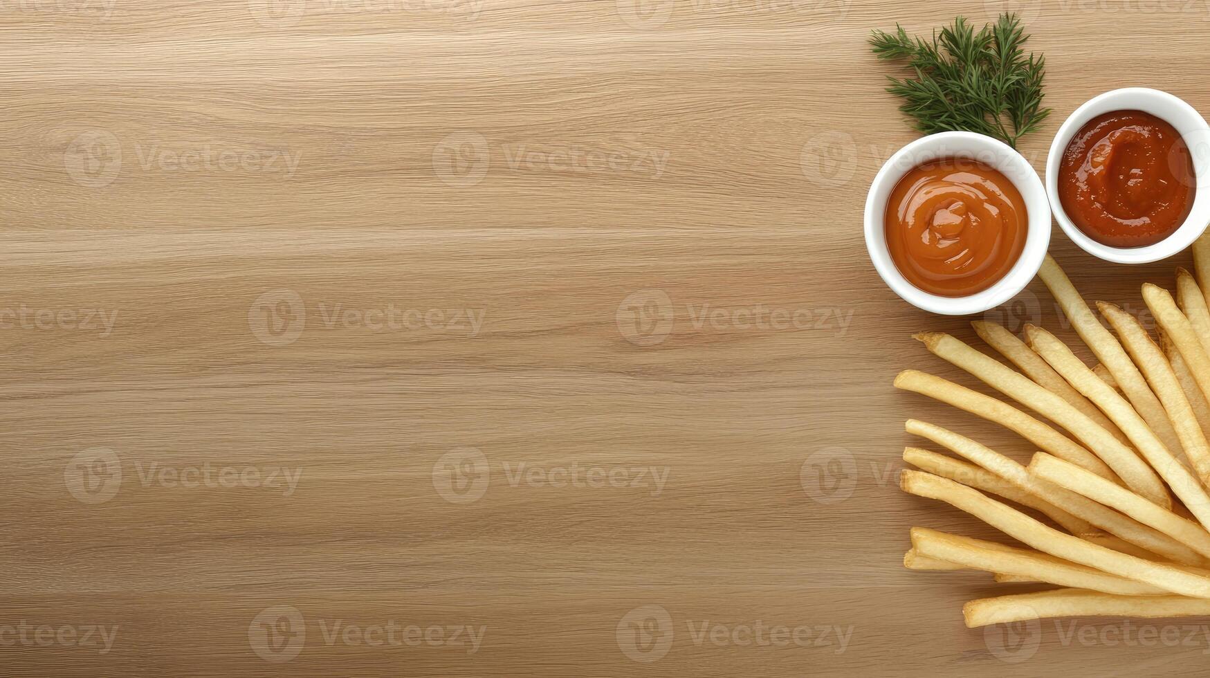 French fries with ketchup and ketchup sauce on wooden table top view photo