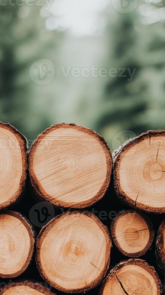 A pile of logs stacked up against a background of trees photo