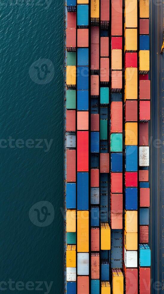 An aerial view of containers stacked on a dock photo